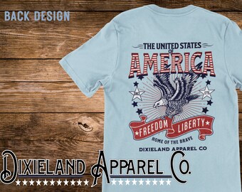 USA Patriotic Graphic T-shirt,  Chambray Comfort Colors Unisex , Red, White and Blue, Liberty, Freedom. gift for patriotic American, Veteran