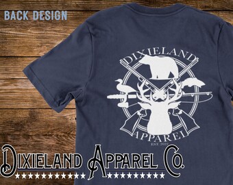 Dixieland Apparel Logo on Midnight Color Comfort Colors Unisex featuring the official Dixieland Apparel logo with deer, bear, fish & duck