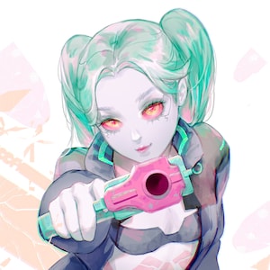 May include: A digital illustration of a woman with green hair in pigtails, wearing a dark blue jacket and holding a pink and blue gun. Her eyes are glowing red.
