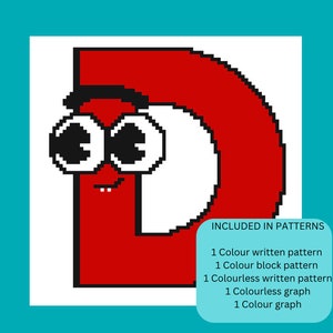 Könnte beinhalten: Ein pixelartiger roter Buchstabe D mit weißem Umriss und Kulleraugen. Der Buchstabe D lächelt und hat einen kleinen Mund. Das Bild enthält Text, der "INCLUDED IN PATTERNS" lautet und die verschiedenen enthaltenen Muster auflistet: 1 Farbiges schriftliches Muster, 1 Farbiges Blockmuster, 1 Farbloses schriftliches Muster, 1 Farbloser Graph, 1 Farbiges Graph.