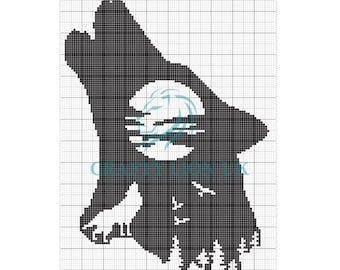 Wolf Moon C2C Crochet and Cross Stitch Pattern | afghan | graphghan | pixel blanket | 100x145