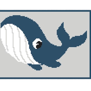 May include: A blue whale with a white belly and a black eye is swimming in a gray square.