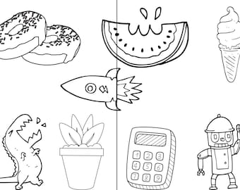 May include: Black and white line art illustrations of various objects, including donuts with sprinkles, a slice of watermelon, an ice cream cone, a rocket ship, a dinosaur, a potted plant, a calculator, and a robot.