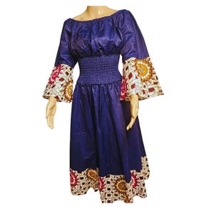 Elegant African Off-Shoulder Maxi Dress – Ankara Trim | One Size Fit | Handmade | Flare Sleeves