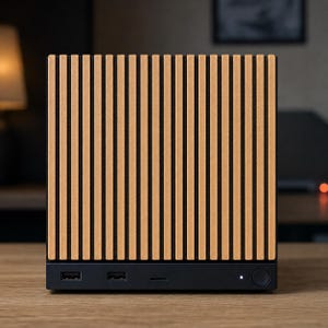 May include: A square electronic device featuring a front panel with vertical light brown wooden slats. The base is a matte black rectangular section containing two USB ports, a small horizontal slot, a tiny white indicator light, and a circular button.