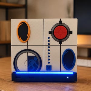 Könnte beinhalten: Ein weißes, quadratisches elektronisches Gerät mit Gittermuster, das ein orangefarbenes Portal, ein rotes Ziel, ein blaues Portal und die blaue Silhouette einer laufenden Person zeigt. Die Basis ist schwarz mit einem blauen Lichtstreifen.