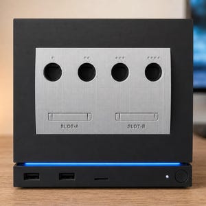 Puede incluir: Una consola electrónica negra con un panel frontal plateado que incluye cuatro puertos circulares para mandos y dos ranuras para tarjetas de memoria etiquetadas como SLOT-A y SLOT-B. La base emite luz azul e incluye dos puertos USB y un botón.