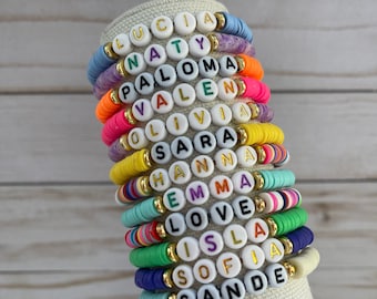 Friendship Personalized Name Beaded Bracelet Custom Clay Bead Bracelet Gold Accent Stacking Jewelry for Women and Teens Gift Idea