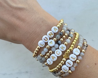 Personalized Gray Agate Beaded Bracelet: Custom Name, Friendship Gift
