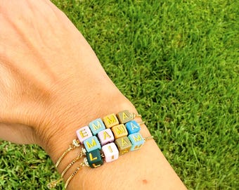 Personalized Name Bracelet: Gold Cube Beads, Adjustable Chain