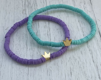 Personalized Heishi Beaded Bracelet: Golden Princess Crown Stackable Jewelry