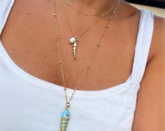 14k Gold Plated Turquoise Enamel Articulated Fish Necklace Satellite Dainty Chain Ocean Beach Boho Jewelry Unique Sea Life Gift