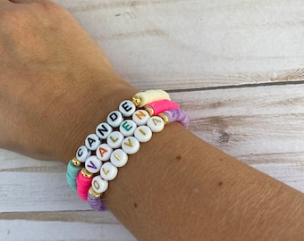 Personalized Name Bracelet: Gold Accent Clay Bead Stacking Jewelry
