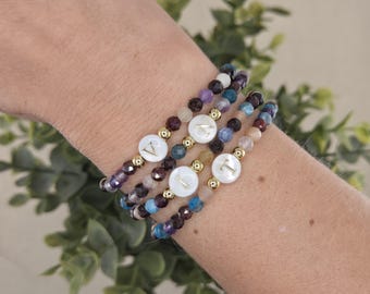 Personalized Gemstone Initial Bracelet: Dainty Shell Charm, Custom Jewelry