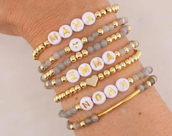 Personalized Name Bracelet  Name Jewelry  Custom Gray Agate Jewelry  Unique Stacking Mom & Daughter Gift  Custom Word Bracelet