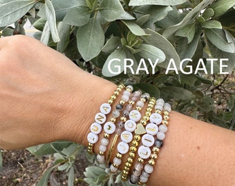 Personalized Initial Gemstone Bracelet: Mama & Kids Stacking Name Beads