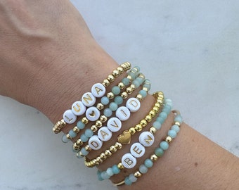 Personalized Word Bracelet  Aquamarine  Friendship Bracelet  Name Beaded Bracelet  Personalized Gift Stretch Bracelet | Gift for her