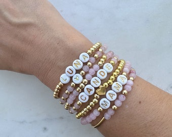 Personalized Word Bracelet  Rose Quartz  Stacking Mama Bracelet  Custom Name Beaded Bracelet  Personalized Gift Stretch Bracelet