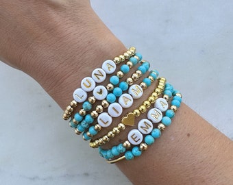 Personalized Turquoise Beaded Name Bracelet: Custom Friendship Gift