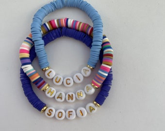 Personalized Clay Bead Bracelet: Custom Name Gold Accent Stacking Jewelry