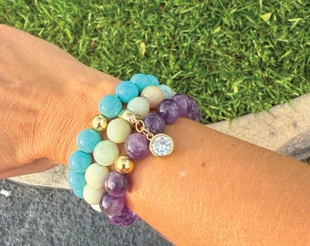 Personalized Gemstone Bracelet with Charm: Handmade Crystal Jewelry