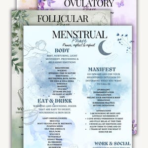 4 Printable Cycle syncing cheat sheets |Food | Drinks | Social | Work | Physical wellbeing | Manifestation