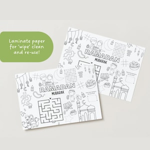 Può includere: Due fogli di attività del Ramadan laminati bianchi con illustrazioni a tratto nero. I fogli presentano il testo "RAMADAN MUBARAK", insieme a immagini di moschee, lanterne e labirinti. La nuvoletta verde dice "Laminare la carta per 'pulire' e riutilizzare!"