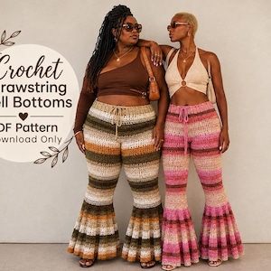May include: Two pairs of crochet drawstring bell bottom pants. One pair features horizontal stripes in olive green, brown, and cream. The other pair features horizontal stripes in shades of pink, magenta, and cream. Text reads: Crochet Drawstring Bell Bottoms PDF Pattern Download Only.