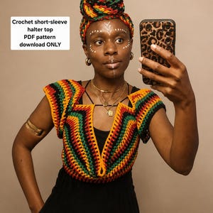 May include: A crochet short-sleeve halter top featuring a vibrant striped pattern in red, yellow, green, and black. The text on the image reads: Crochet short-sleeve halter top PDF pattern download ONLY. The top has a deep V-neckline and cap sleeves.