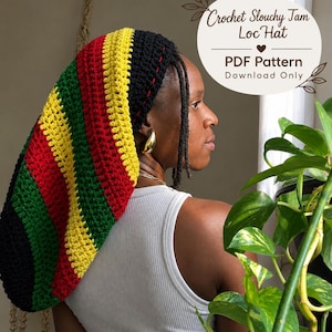 May include: A slouchy crochet hat featuring horizontal stripes in black, red, yellow, and green. The text on the image reads: Crochet Slouchy Jam Loc Hat PDF Pattern Download Only. The hat has a long, rounded shape designed to accommodate hair.