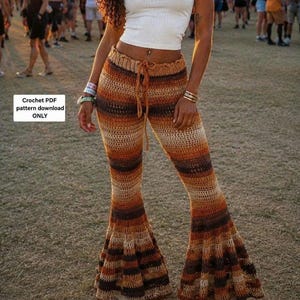May include: Crochet trousers featuring a high-waisted design with a drawstring tie and a flared leg silhouette. The trousers display a horizontal striped pattern in shades of brown, orange, and cream. Text on the image reads: Crochet PDF pattern download ONLY.