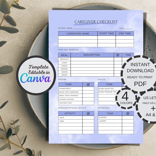 Caregiver Checklist, Printable Caregiver Daily Log, Caregiver Planner Page, Nurse To Do List, Editable Template + Fixed Version, 4 Colors