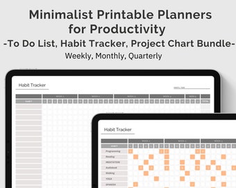 Minimalist Printable Digital Planners, Weekly Monthly To Do List, Habit Tracker, Project Chart bundle, A4, on GoodNotes, OneNotes, adobe