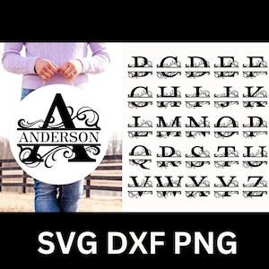 Puede incluir: Un diseño de archivo de corte SVG en blanco y negro de la letra A con un adorno decorativo y una pancarta debajo que dice "Anderson". La imagen también muestra un alfabeto completo de letras con el mismo adorno decorativo y la misma pancarta.