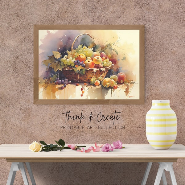 Fruit Basket Painting, Wall Decor, Watercolor Paint, Digital Product, Printable, Digital Download, Kitchen Wall Decor