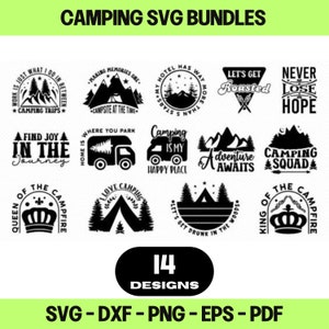 Bundle de fichiers SVG camping 14 fichiers svg design extérieur pour t-shirt design mug design camée silhouette fichier glowforge dxf