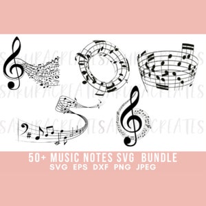 以下が含まれることがあります： 50種類以上の音楽記号SVGファイルのセット。画像には、音符の異なる5つのデザインが表示されています。音符の円、音符の波などがあります。画像の下部には「50+ MUSIC NOTES SVG BUNDLE」というテキストがあります。