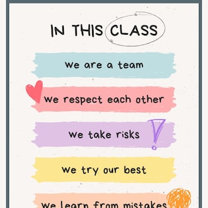 In This Class We" Póster digital imprimible – Reglas inspiradoras del aula – Fondo neutro Destacados en colores pastel – Decoración educativa edificante