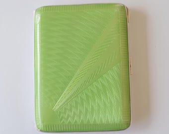 green cigarette case 300B Art Deco 1930s Guilloche Green Enamel Brass Cigarette Case