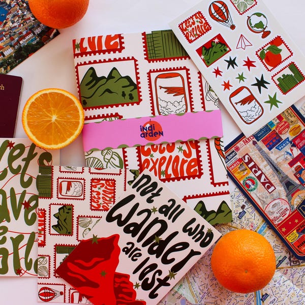 Mini Travel Journal Bundle | A5 Notebook, Stickers, Postcards (Wanderlust Stationery Set)