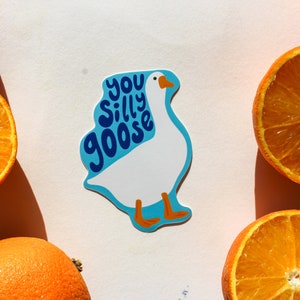 May include: A white goose sticker with blue text that says "You Silly Goose" on a white background. The sticker is surrounded by orange slices.