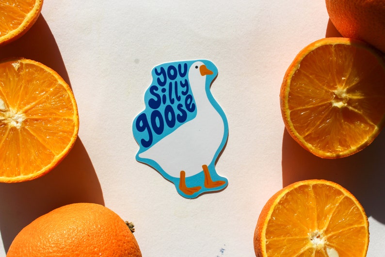 May include: A white goose sticker with blue text that says "You Silly Goose" on a white background. The sticker is surrounded by orange slices.