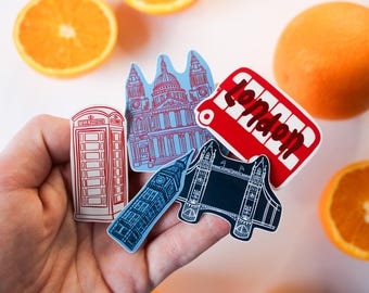 London Sticker Set of 5 | Illustrated Travel Stickers | UK Vinyl Stickers | Cute City Stickers | Laptop & Journal Decor |