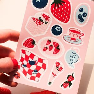 Strawberry Picnic Sticker Sheet – Hand Illustrated Vinyl Stickers | Summer Fruit, Cottagecore Journal, Planner & Scrapbook Stickers