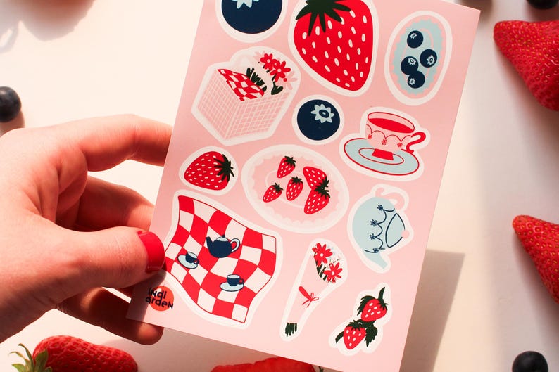 Strawberry Picnic Sticker Sheet – Hand Illustrated Vinyl Stickers | Summer Fruit, Cottagecore Journal, Planner & Scrapbook Stickers