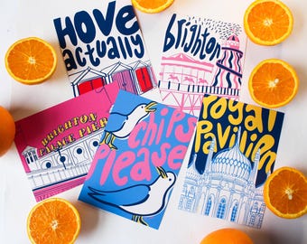 Postales ilustradas de Brighton / Juego de 5 / Postales ilustradas de la costa / Láminas artísticas costeras / Artículos de papelería de pueblos costeros / Regalo de viaje /