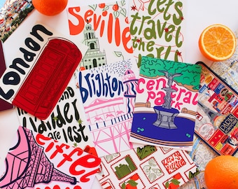 Postales de viaje ilustradas / Lote sorpresa, diseños de ciudades (A6)
