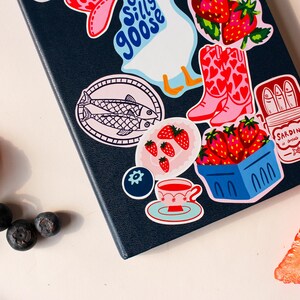 Strawberry Picnic Sticker Sheet – Hand Illustrated Vinyl Stickers | Summer Fruit, Cottagecore Journal, Planner & Scrapbook Stickers