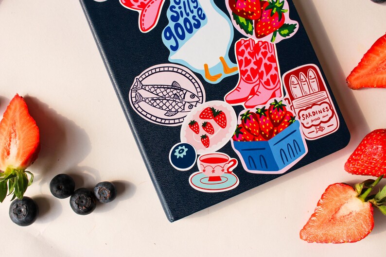 Strawberry Picnic Sticker Sheet – Hand Illustrated Vinyl Stickers | Summer Fruit, Cottagecore Journal, Planner & Scrapbook Stickers