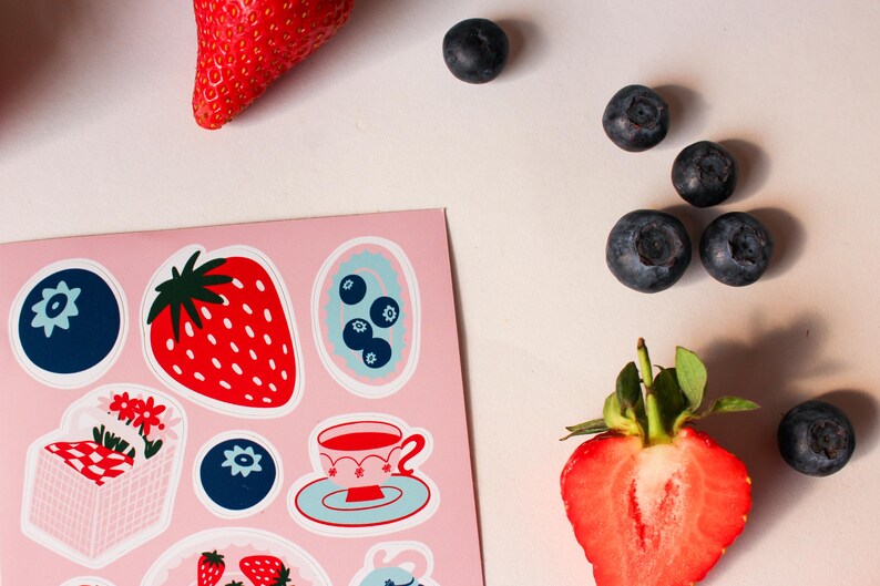 Strawberry Picnic Sticker Sheet – Hand Illustrated Vinyl Stickers | Summer Fruit, Cottagecore Journal, Planner & Scrapbook Stickers